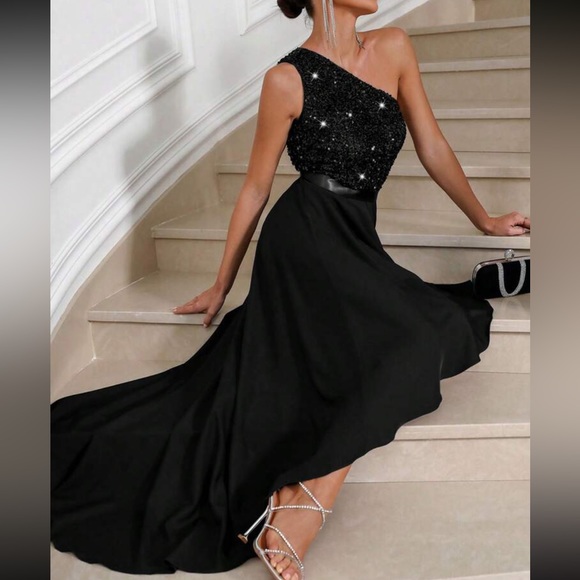 Luxe one shoulder asymmetrical hem satin sequins party dress - Picture 3 of 5